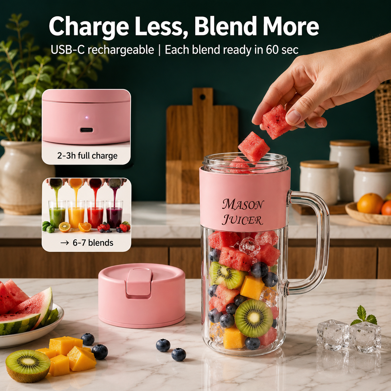 Mason Portable USB Rechargeable Mini Juicer Blender with Straw Cup