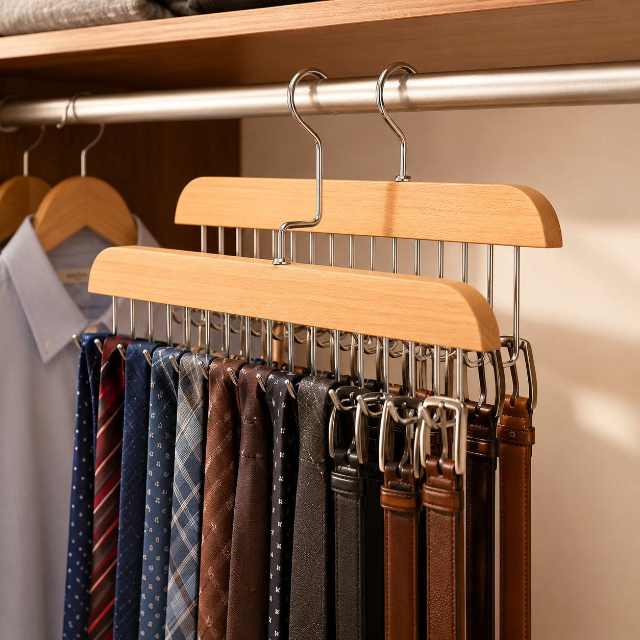 Wooden Multi-Hook Tie & Belt Organizer - 4 Pcs Set